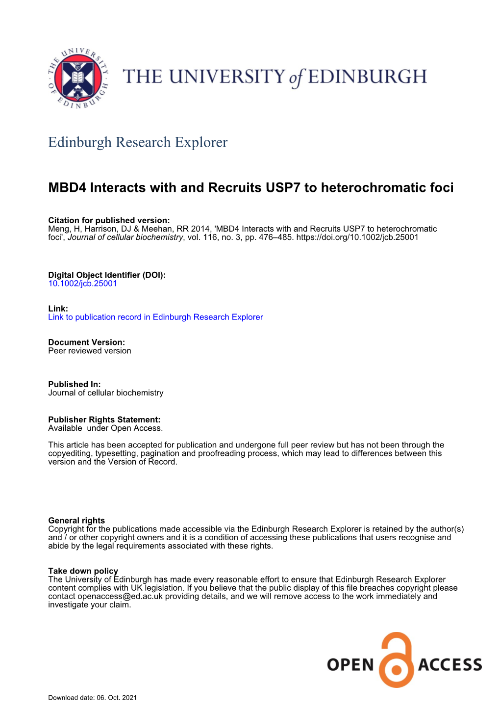 MBD4 Interacts with and Recruits USP7 to Heterochromatic Foci