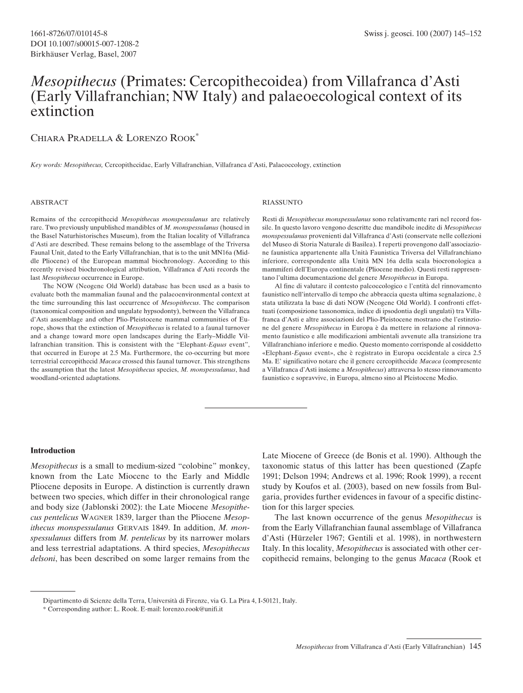 Mesopithecus (Primates: Cercopithecoidea) from Villafranca D’Asti (Early Villafranchian; NW Italy) and Palaeoecological Context of Its Extinction