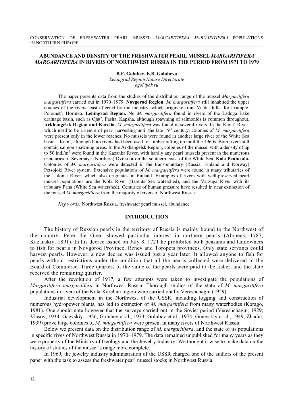 Abundance and Density of the Freshwater Pearl Mussel Margaritifera Margaritifera in Rivers of Northwest Russia in the Period from 1971 to 1979