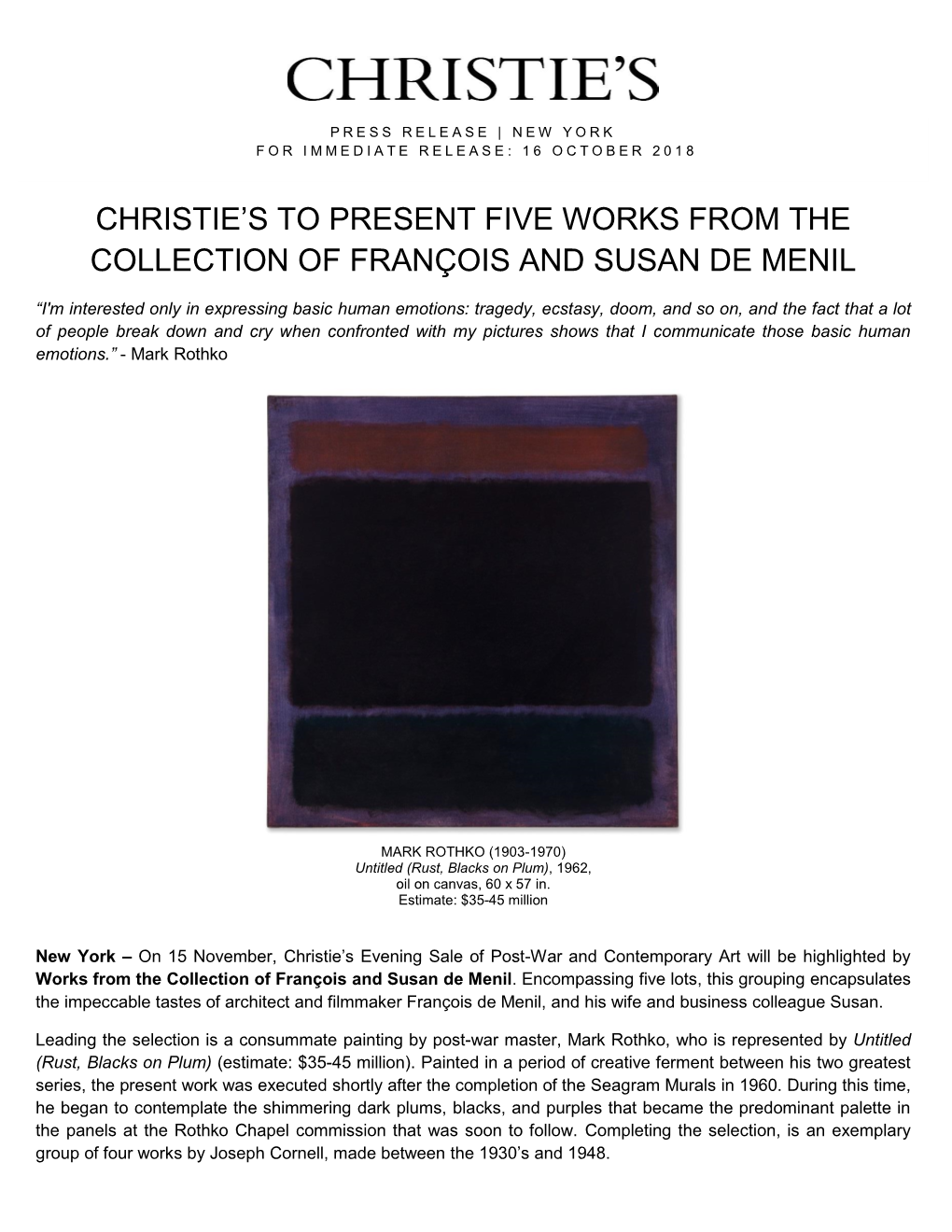 Christie's to Present Five Works from the Collection