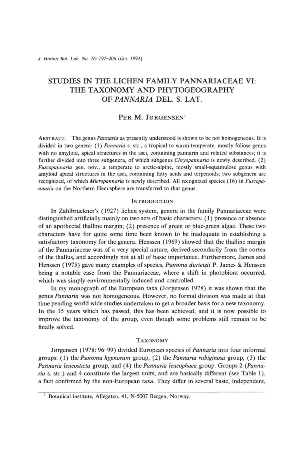 Studies in the Lichen Family Pannariaceae Vi: the Taxonomy and Phytogeography of Pannaria Del
