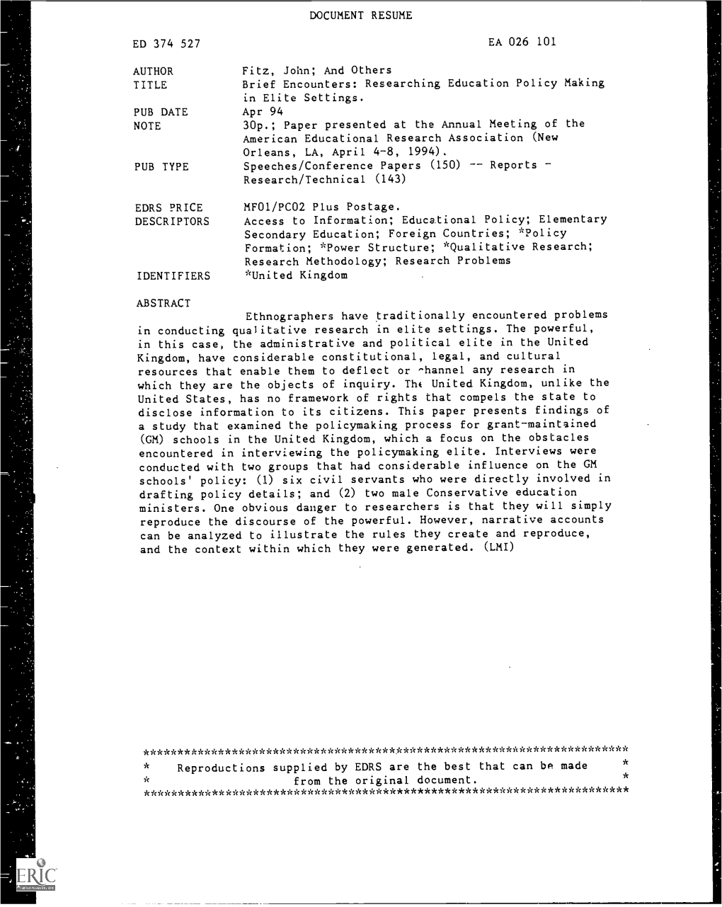 DOCUMENT RESUME ED 374 527 EA 026 101 AUTHOR Fitz, John