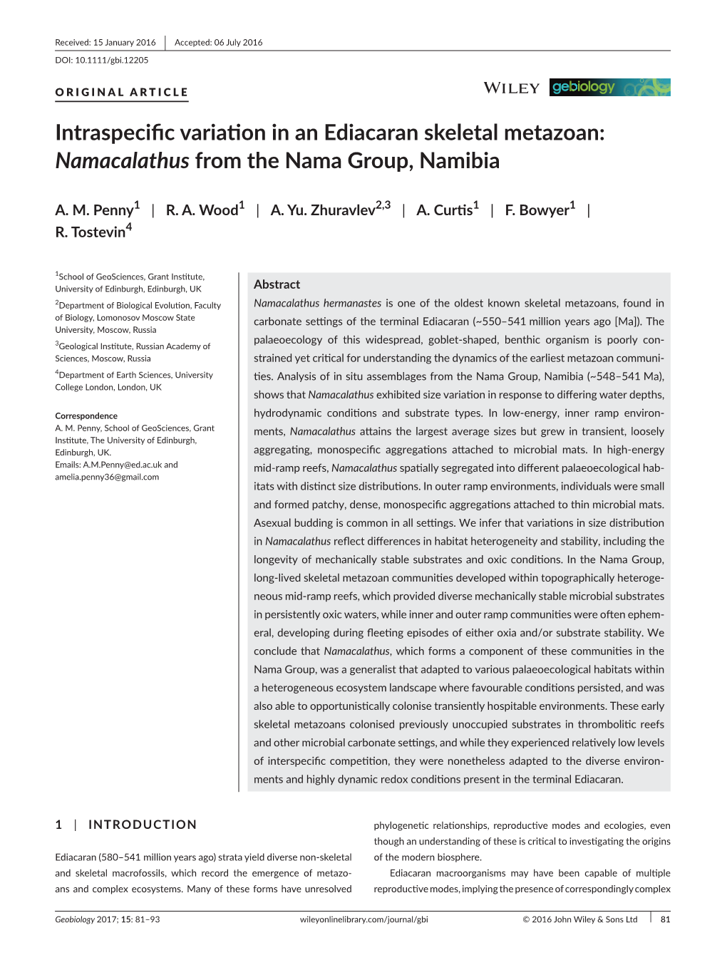 Intraspecific Variation in an Ediacaran Skeletal Metazoan: Namacalathus from the Nama Group, Namibia