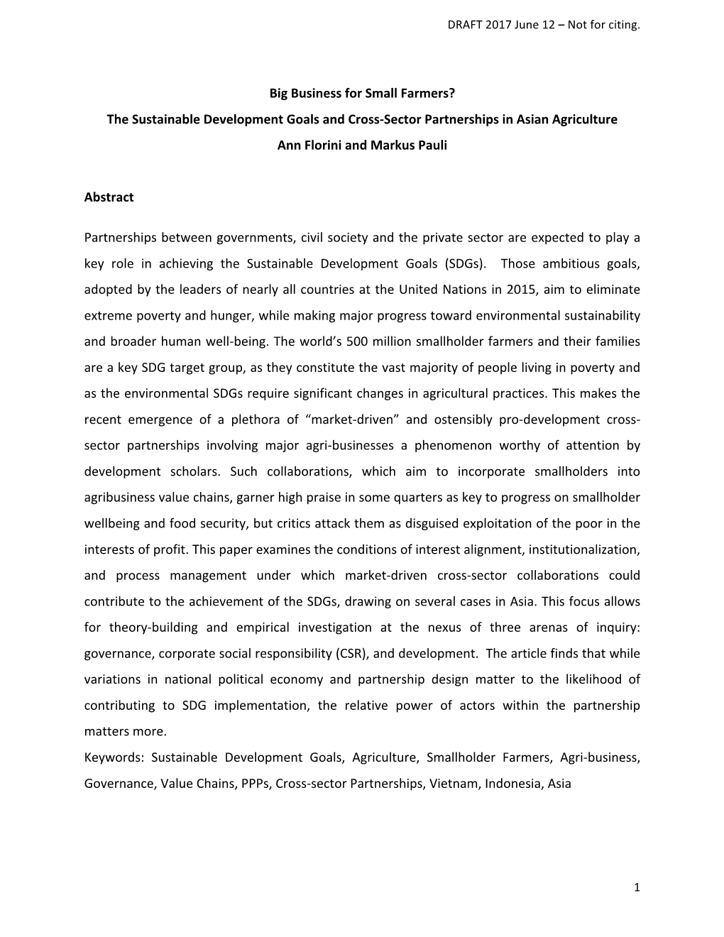 Big Business for Small Farmers? the Sustainable Development Goals and Cross-Sector Partnerships in Asian Agriculture Ann Florini and Markus Pauli