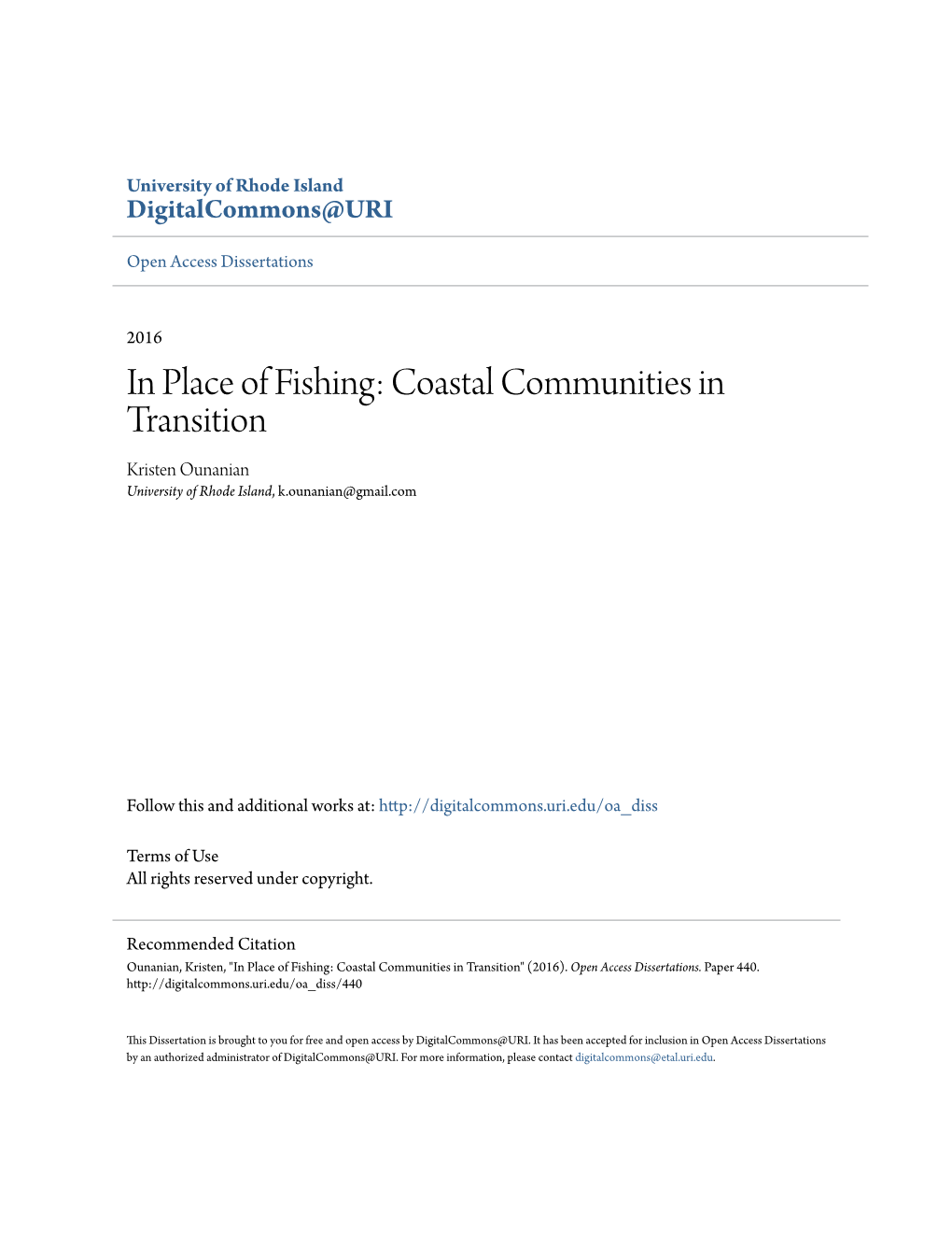 Coastal Communities in Transition Kristen Ounanian University of Rhode Island, K.Ounanian@Gmail.Com