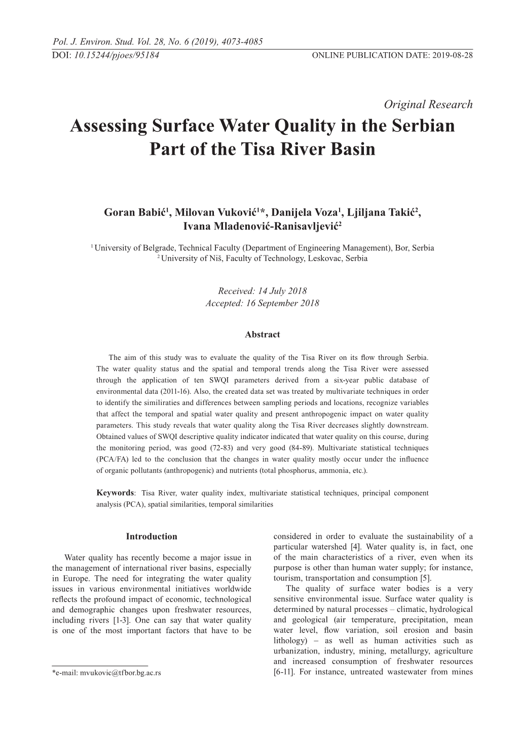 Assessing Surface Water Quality in the Serbian Part of the Tisa River Basin