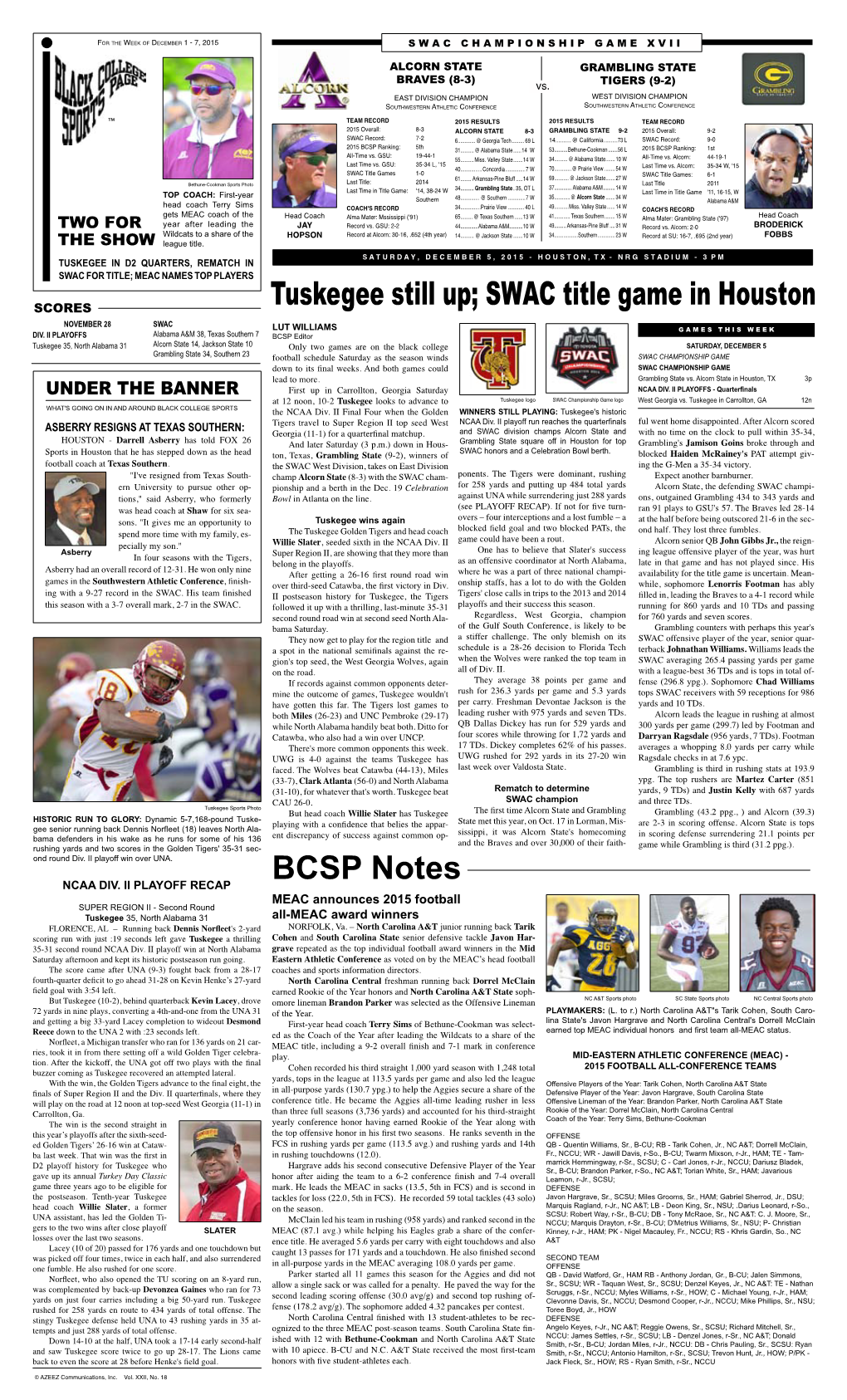 Tuskegee Still Up; SWAC Title Game in Houston BCSP Notes