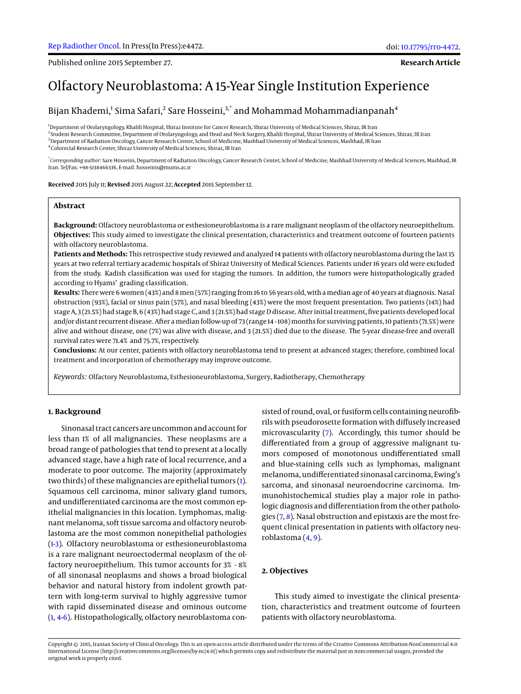 Olfactory Neuroblastoma: a 15-Year Single Institution Experience