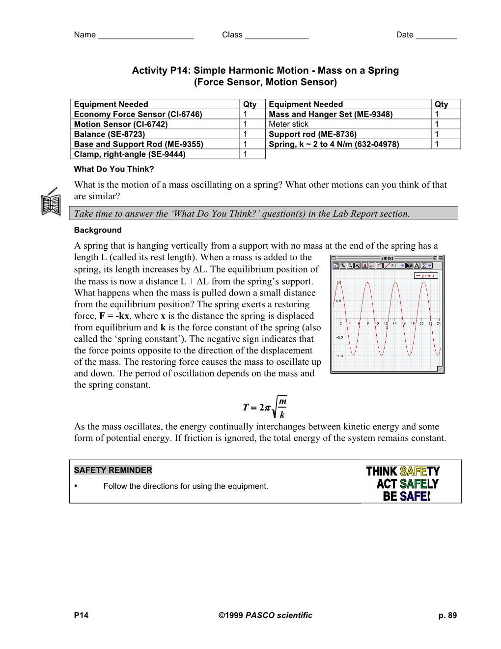 Activity P14: Simple Harmonic Motion - Mass on a Spring (Force Sensor, Motion Sensor)