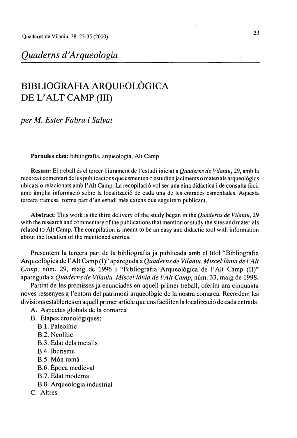 Quaderns D'arqueologia BIBLIOGRAFIA ARQUEOLÒGICA