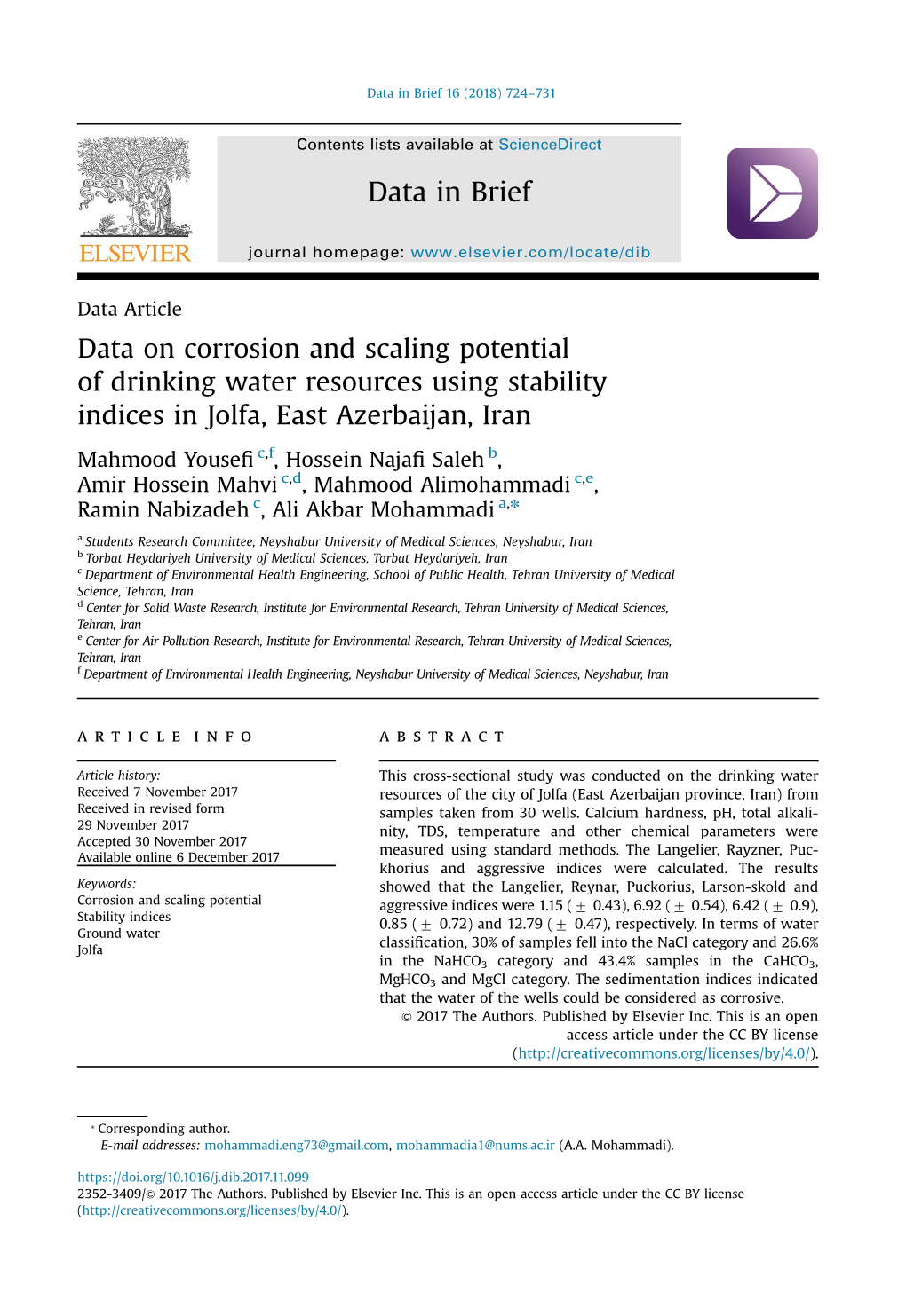 Data on Corrosion and Scaling Potential of Drinking Water Resources Using Stability Indices in Jolfa, East Azerbaijan, Iran