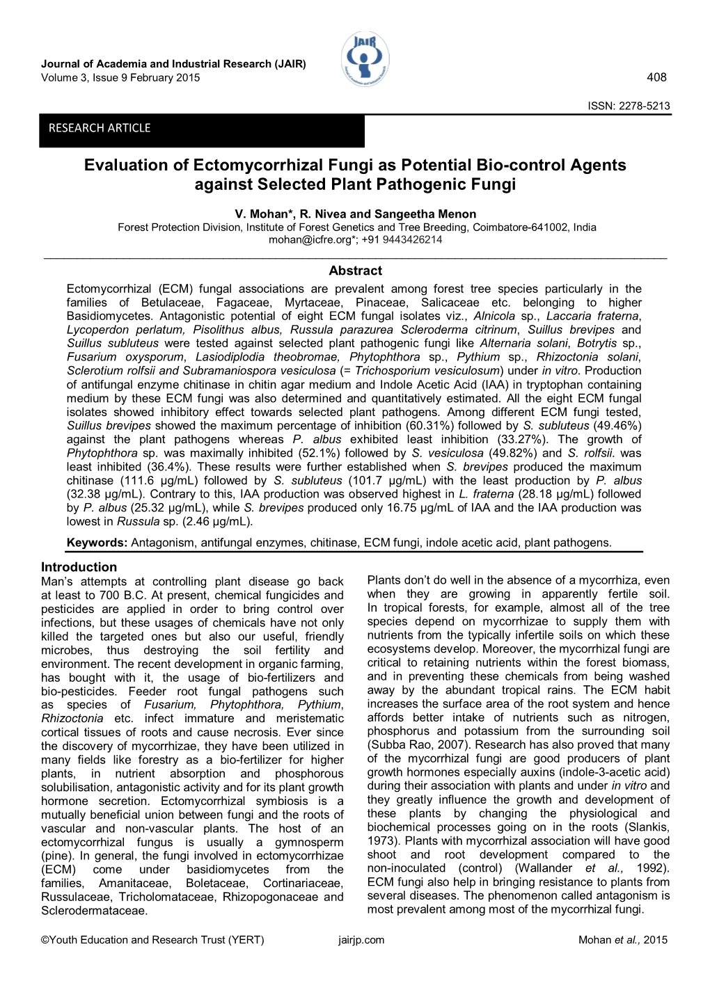 Evaluation of Ectomycorrhizal Fungi As Potential Bio-Control Agents Against Selected Plant Pathogenic Fungi