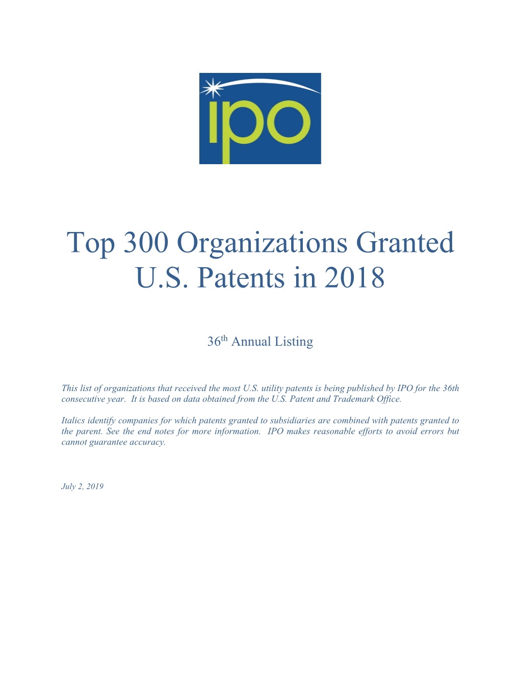 Top 300 Organizations Granted U.S. Patents in 2018