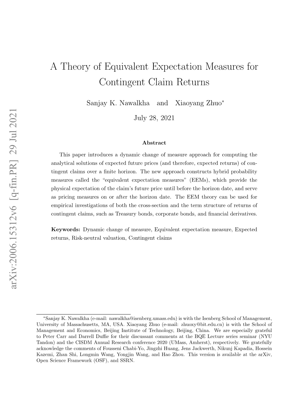 A Theory of Equivalent Expectation Measures for Contingent Claim Returns