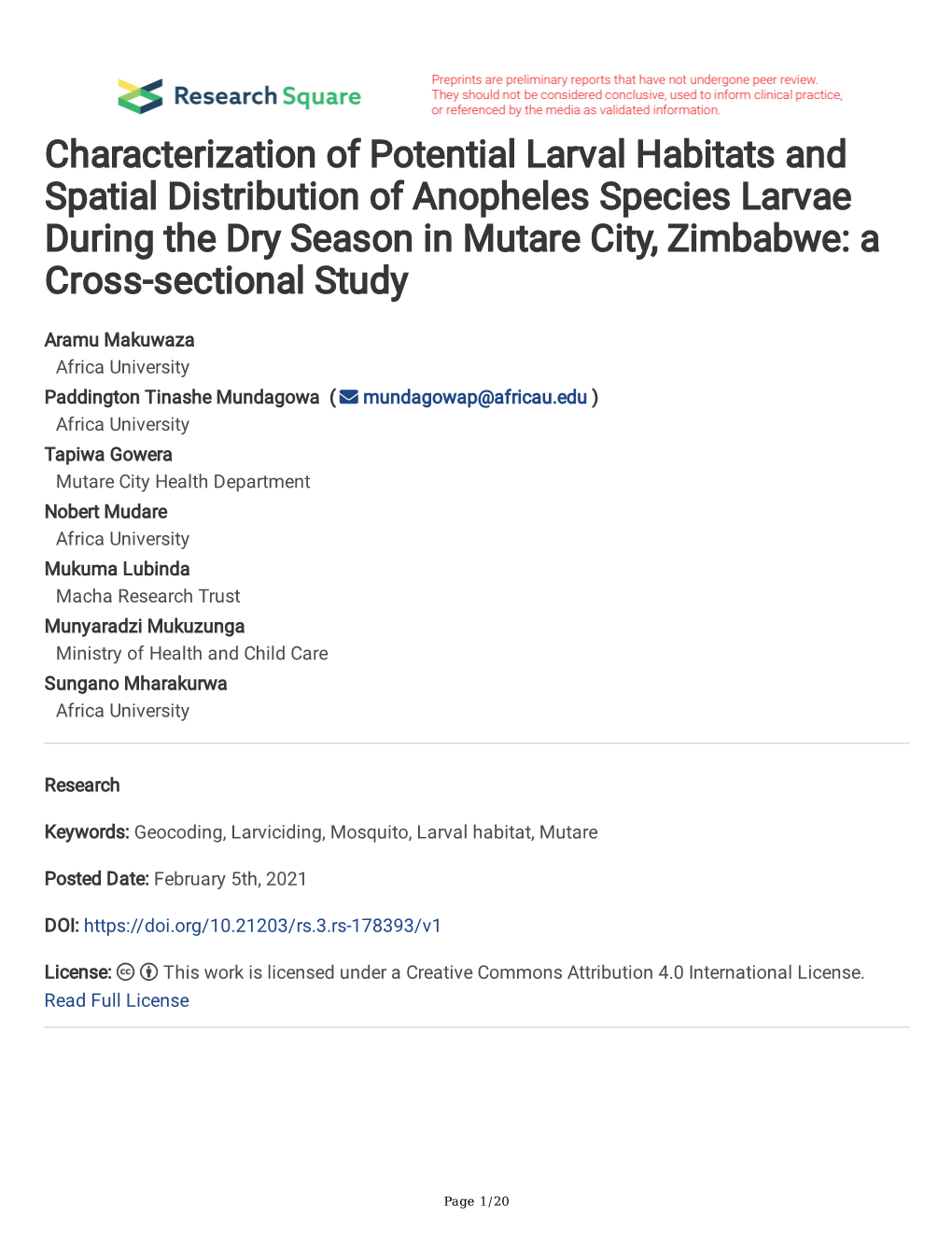 Characterization of Potential Larval Habitats and Spatial Distribution Of