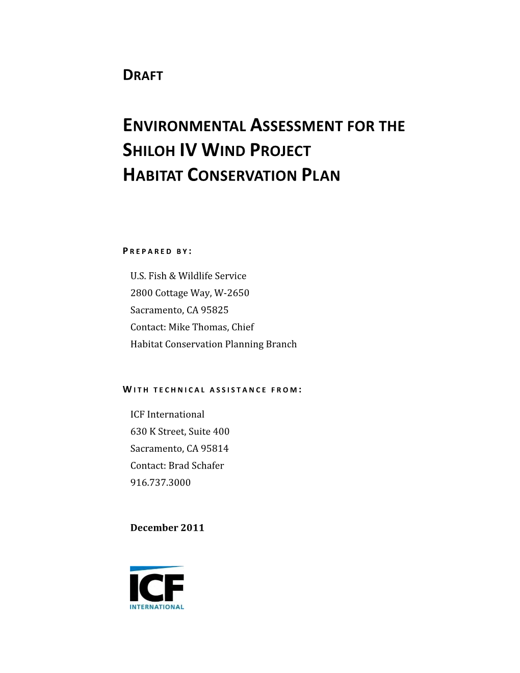 Draft Environmental Assessment for the Shiloh IV Wind Project Habitat Conservation Plan