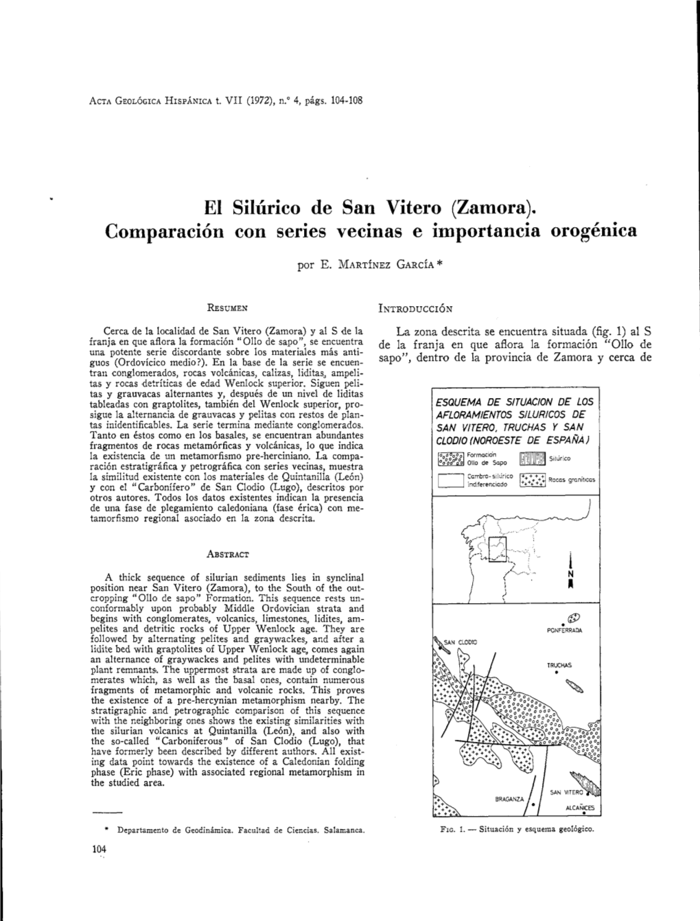 El Silúrico De San Vitero (Zamora). Comparación Con Series Vecinas E Importancia Orogénica