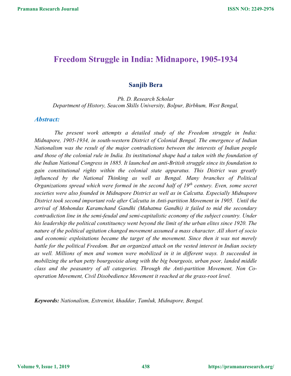 Freedom Struggle in India: Midnapore, 1905-1934