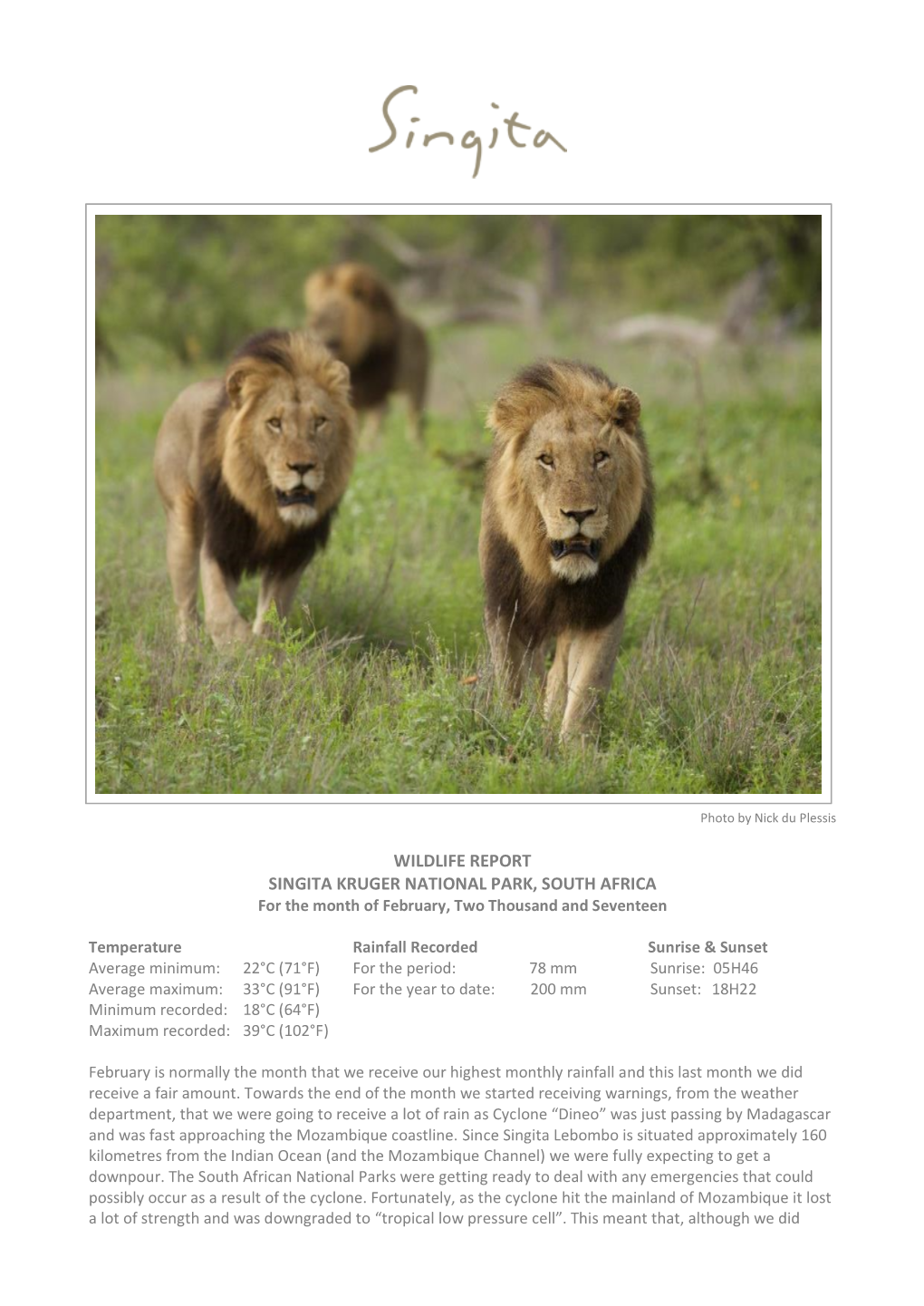 WILDLIFE REPORT SINGITA KRUGER NATIONAL PARK, SOUTH AFRICA for the Month of February, Two Thousand and Seventeen