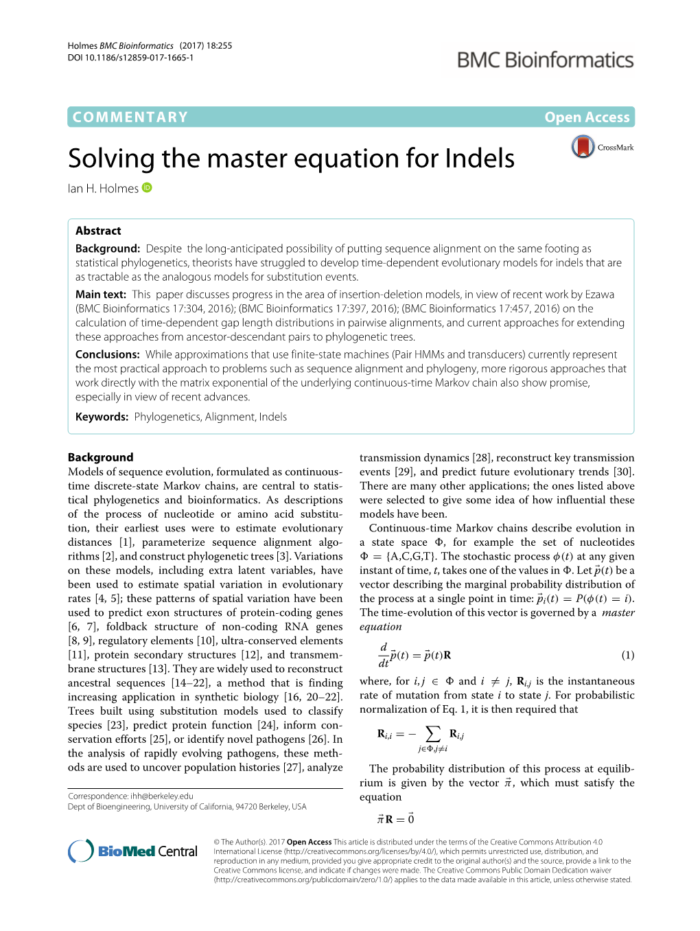 Solving the Master Equation for Indels Ian H