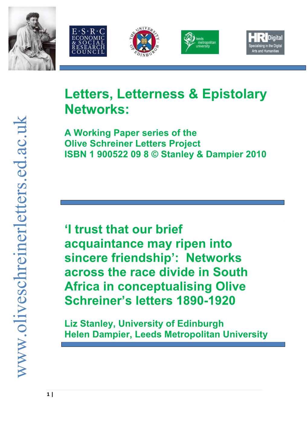 Networks Across the Race Divide in South Africa in Conceptualising Olive Schreiner’S Letters 1890-1920