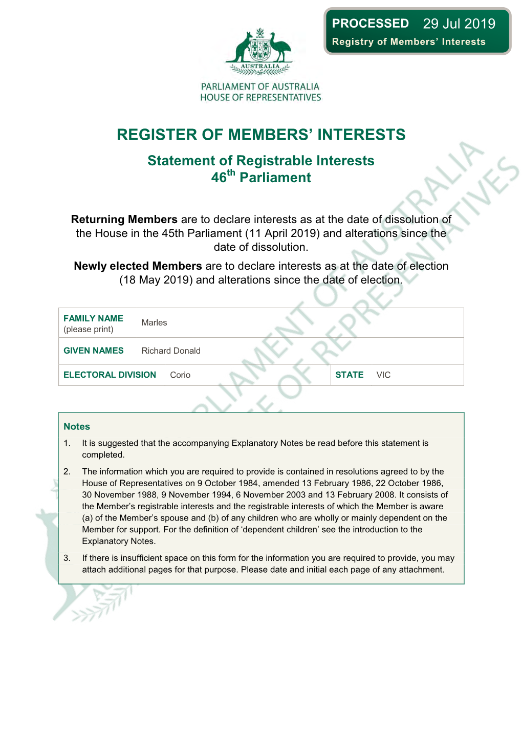 Full Statement of Registrable Interests