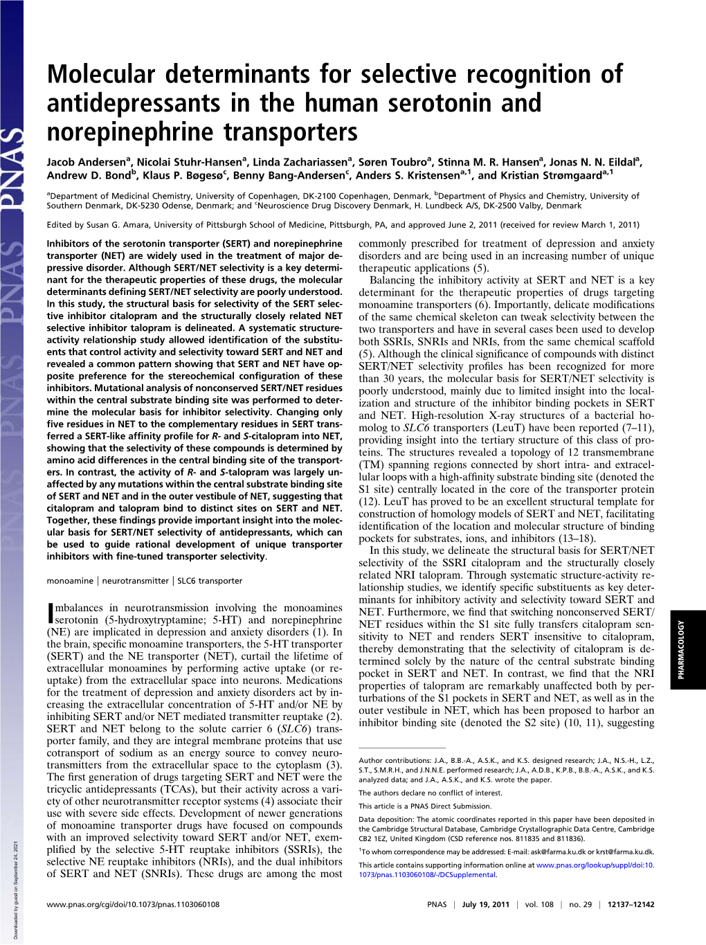 Molecular Determinants for Selective Recognition of Antidepressants in the Human Serotonin and Norepinephrine Transporters