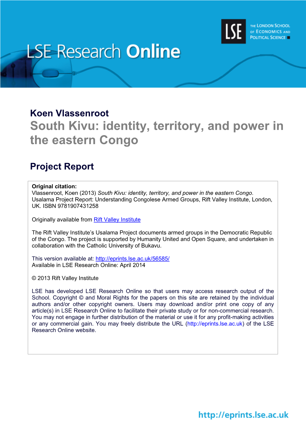 South Kivu: Identity, Territory, and Power in the Eastern Congo