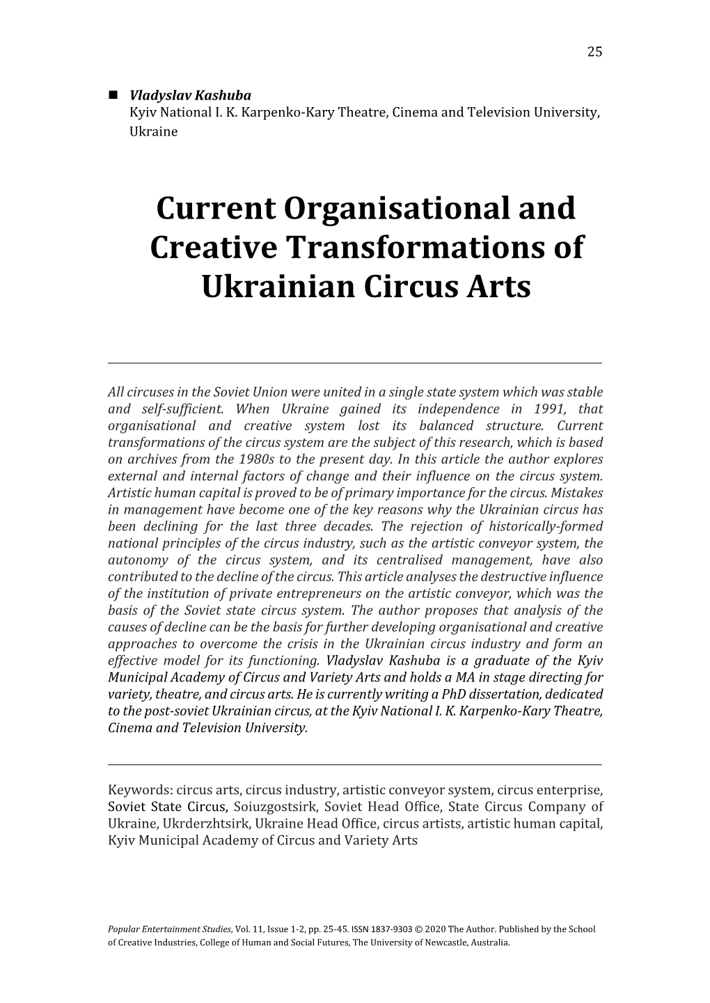 Current Organisational and Creative Transformations of Ukrainian Circus Arts
