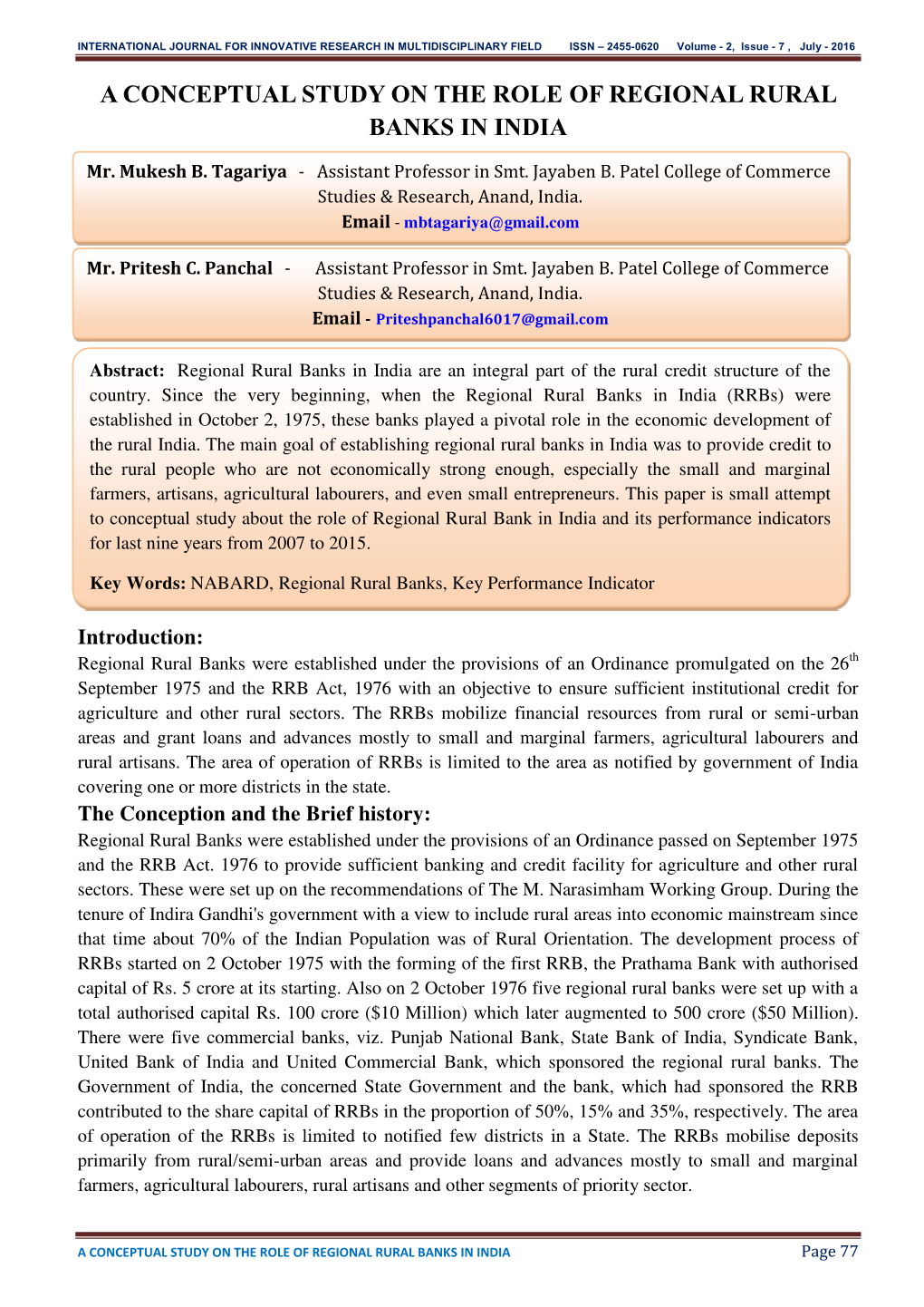 A Conceptual Study on the Role of Regional Rural Banks in India