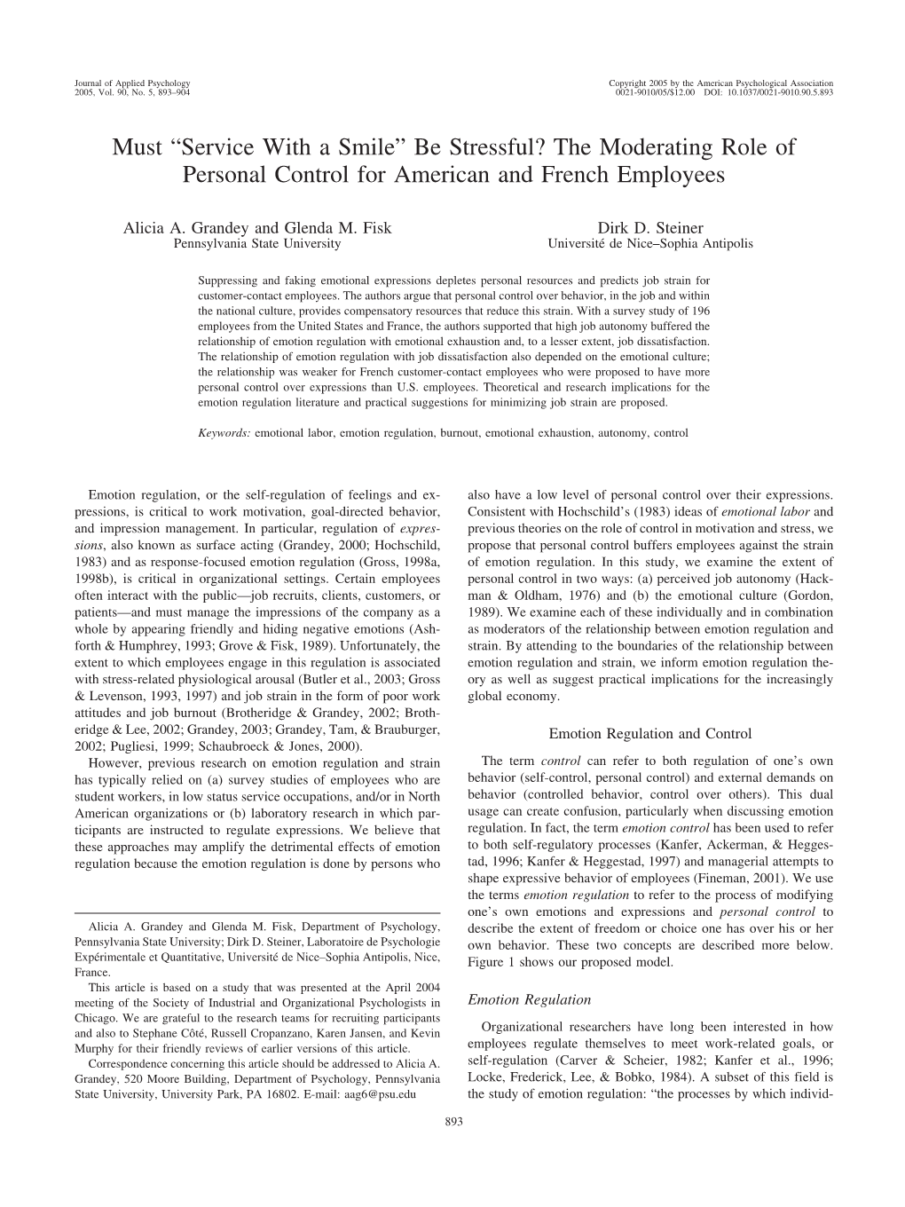 Must “Service with a Smile” Be Stressful? the Moderating Role of Personal Control for American and French Employees