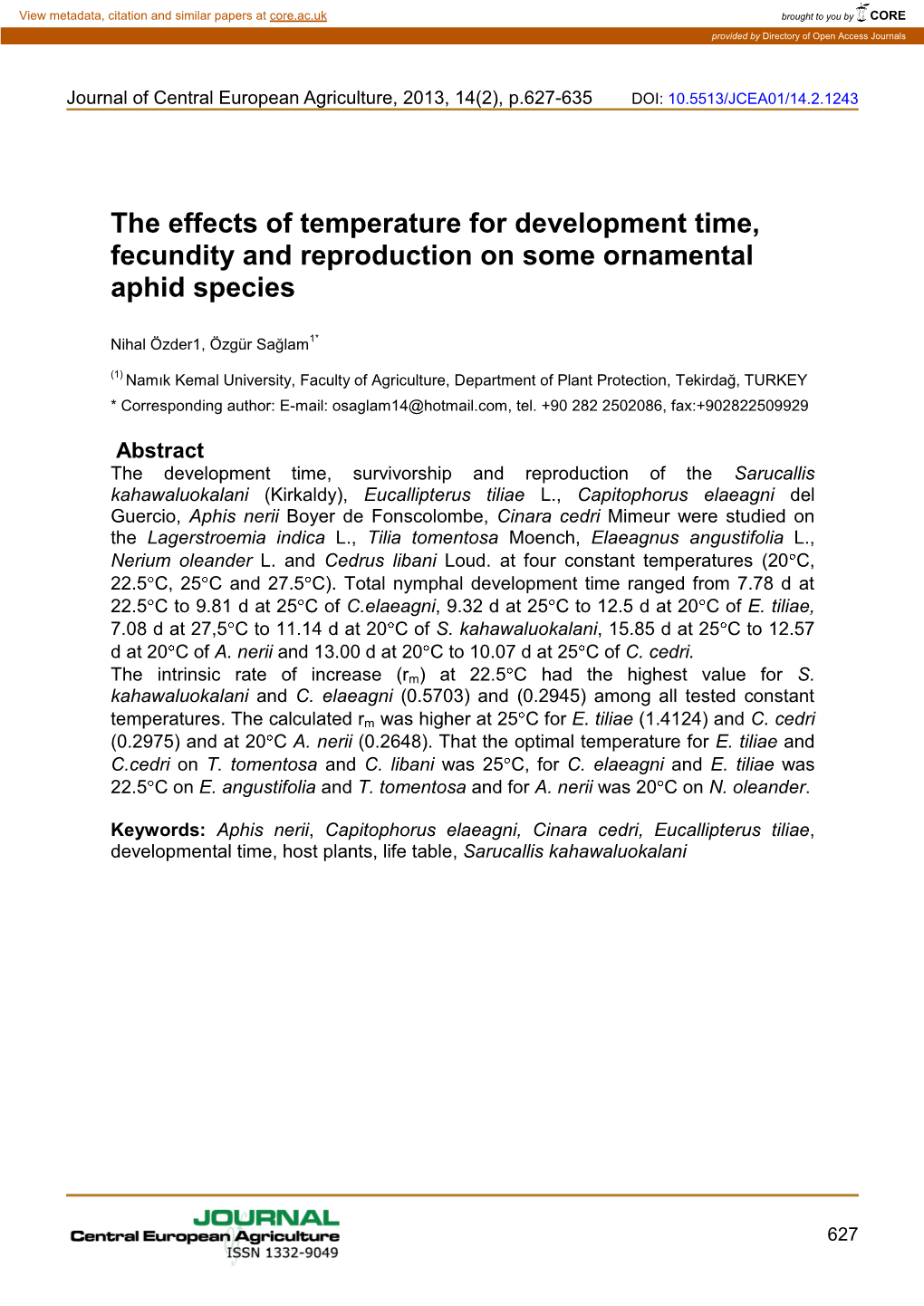 The Effects of Temperature for Development Time, Fecundity and Reproduction on Some Ornamental Aphid Species