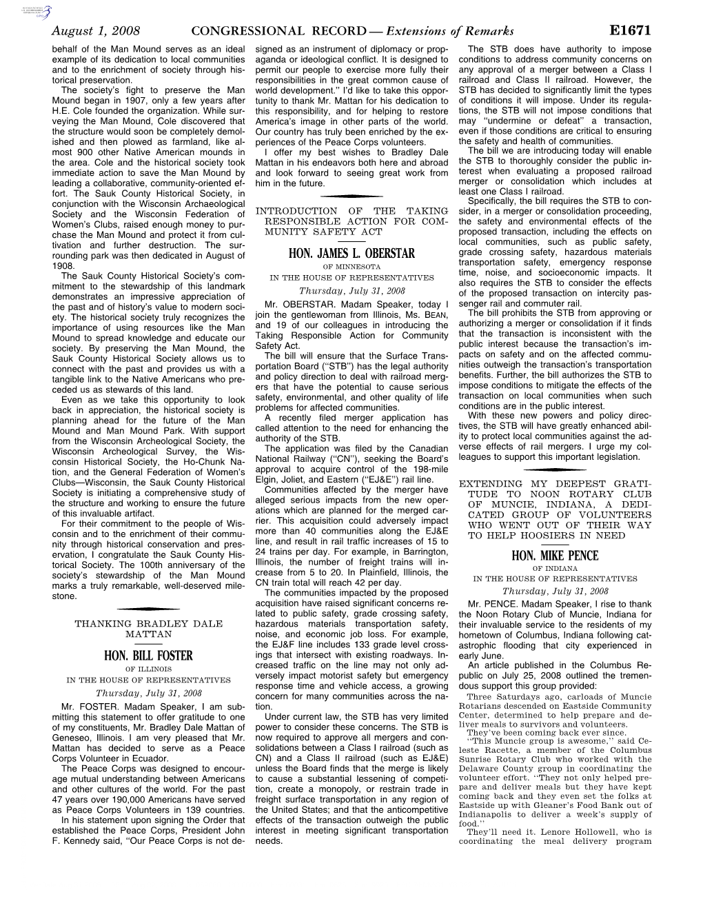 CONGRESSIONAL RECORD— Extensions of Remarks E1671 HON. BILL FOSTER HON. JAMES L. OBERSTAR HON. MIKE PENCE