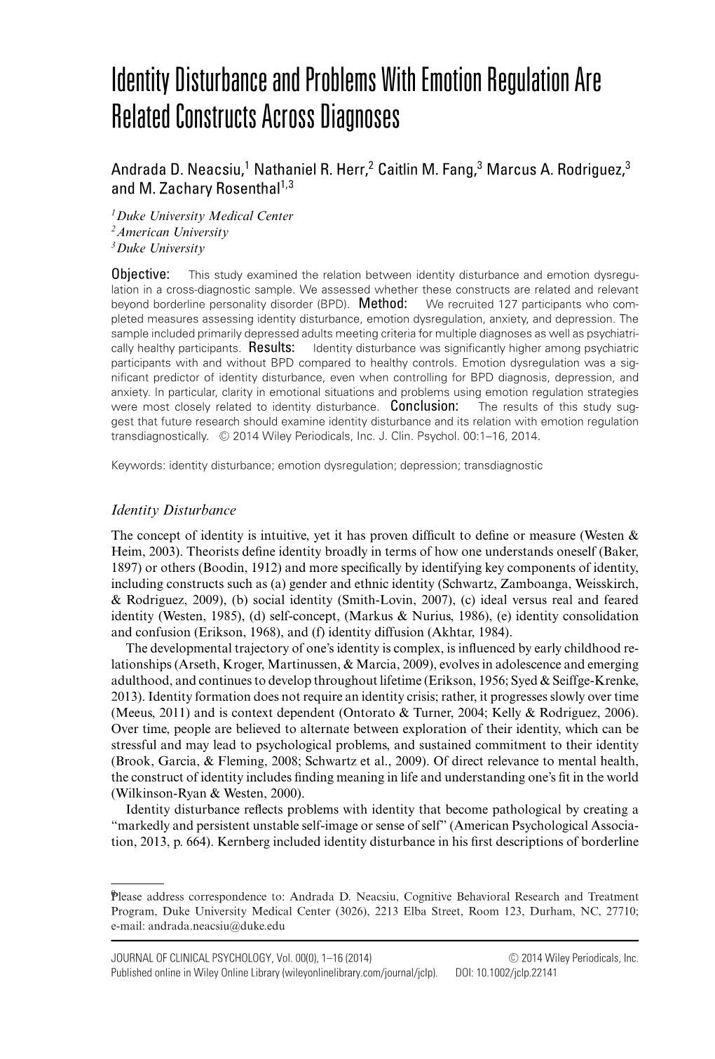 Identity Disturbance and Problems with Emotion Regulation Are Related Constructs Across Diagnoses