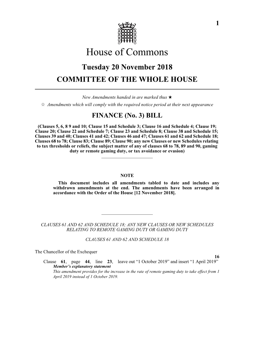 House of Commons Tuesday 20 November 2018 COMMITTEE of the WHOLE HOUSE