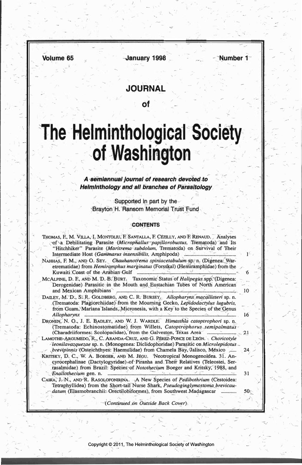 Journal of the Helminthological Society of Washington 65(1) 1998