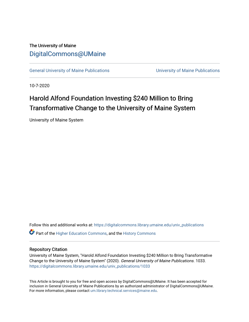 Harold Alfond Foundation Investing $240 Million to Bring Transformative Change to the University of Maine System