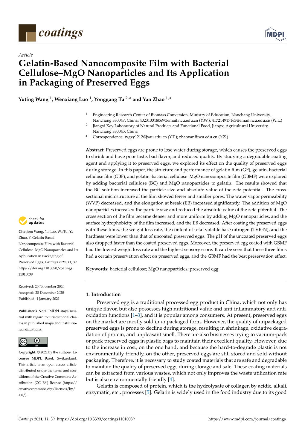 Gelatin-Based Nanocomposite Film with Bacterial Cellulose–Mgo Nanoparticles and Its Application in Packaging of Preserved Eggs