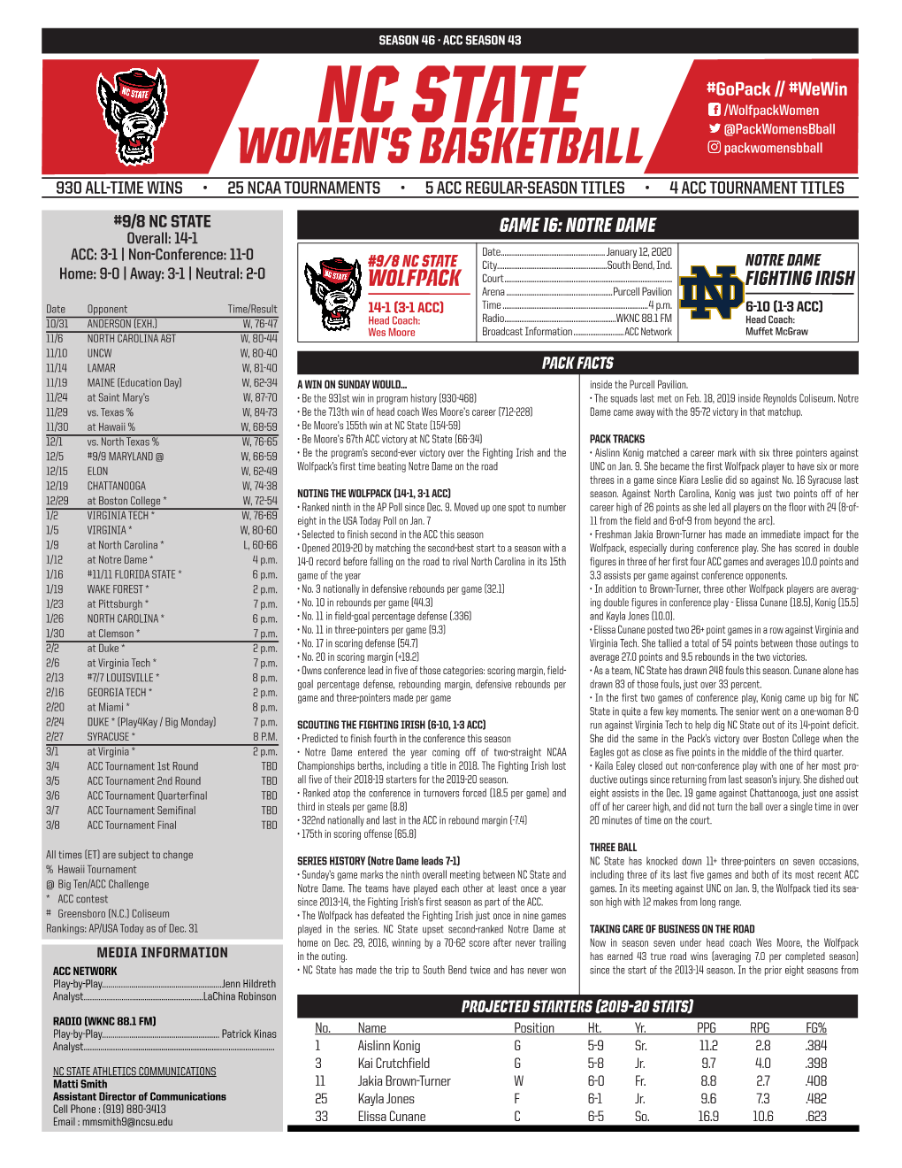 NC State @Packwomensbball Women’S Basketball Packwomensbball 930 ALL-TIME WINS • 25 NCAA TOURNAMENTS • 5 ACC REGULAR-SEASON TITLES • 4 ACC TOURNAMENT TITLES