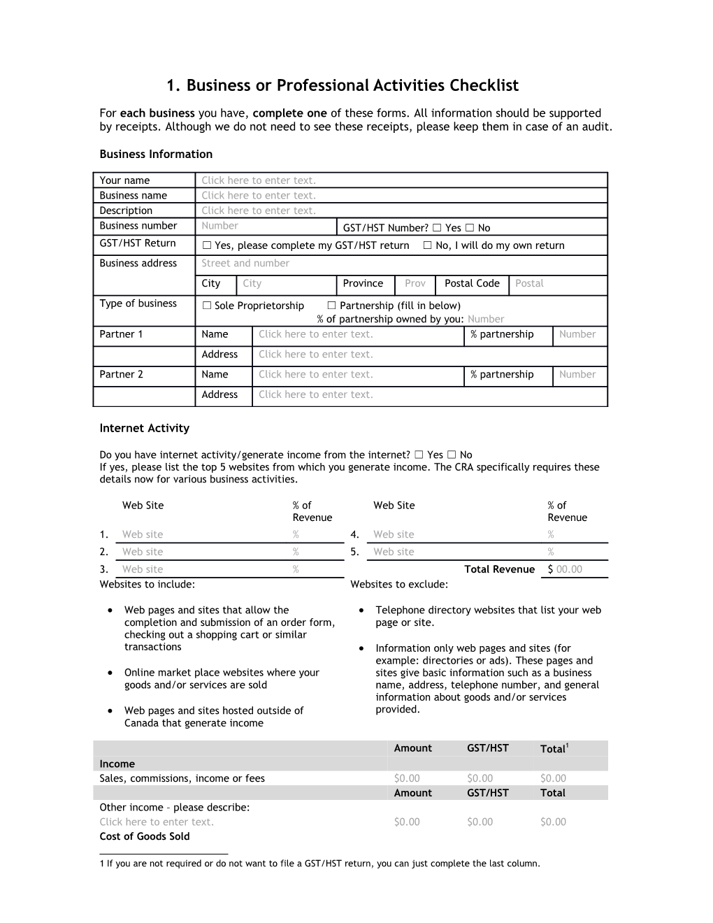 Business Or Professional Activities Checklist