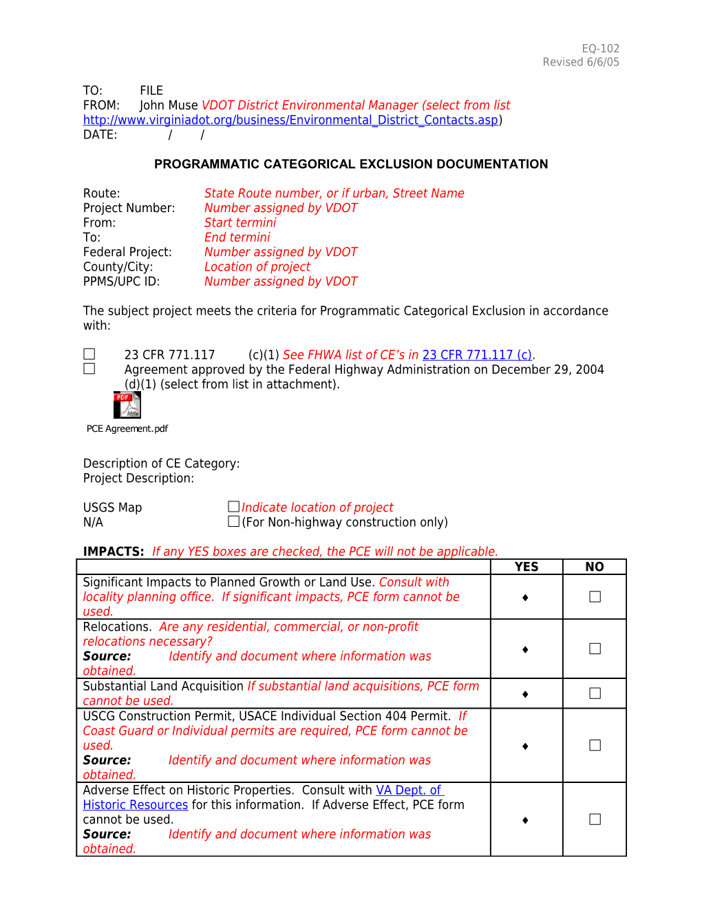 Programmatic Categorical Exclusion Documentation