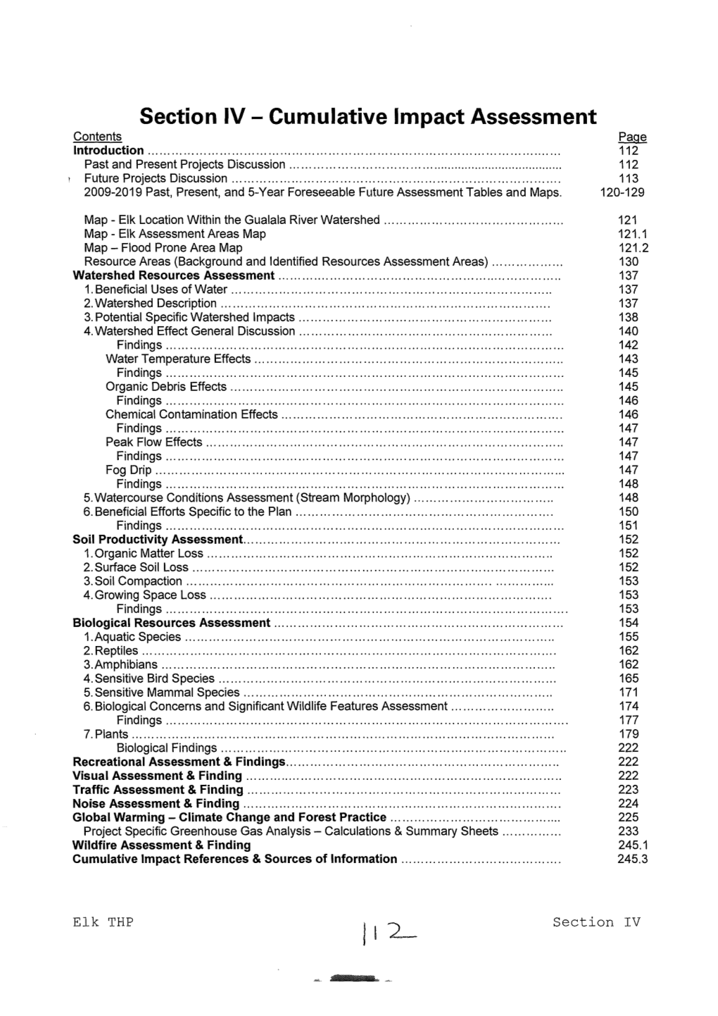 Section IV- Cumulative Impact Assessment Contents Page Introduction