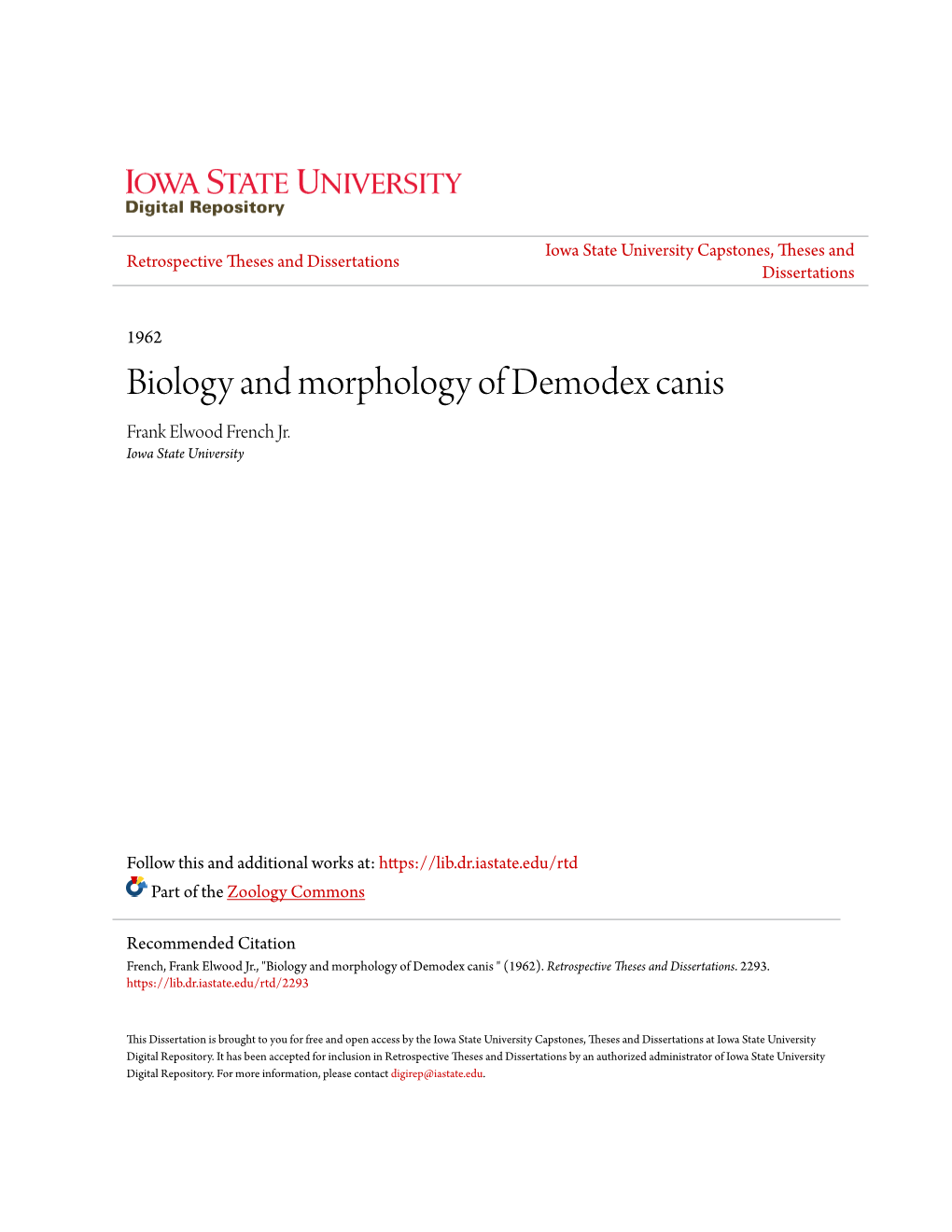 Biology and Morphology of Demodex Canis Frank Elwood French Jr