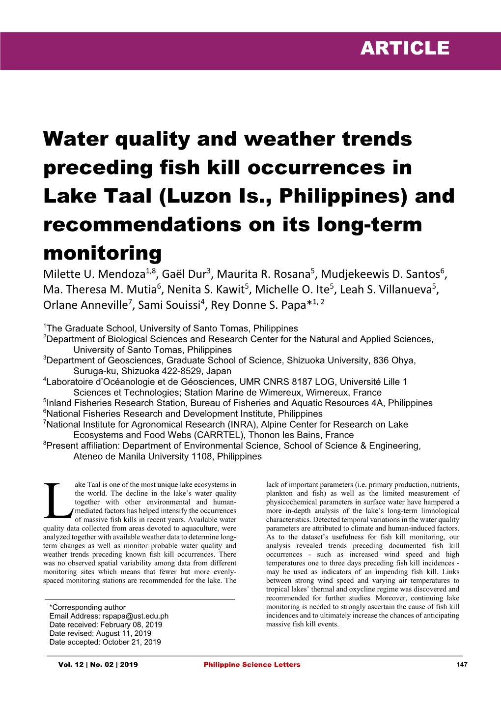 Water Quality and Weather Trends Preceding Fish Kill Occurrences in Lake Taal (Luzon Is., Philippines) and Recommendations on Its Long-Term Monitoring Milette U