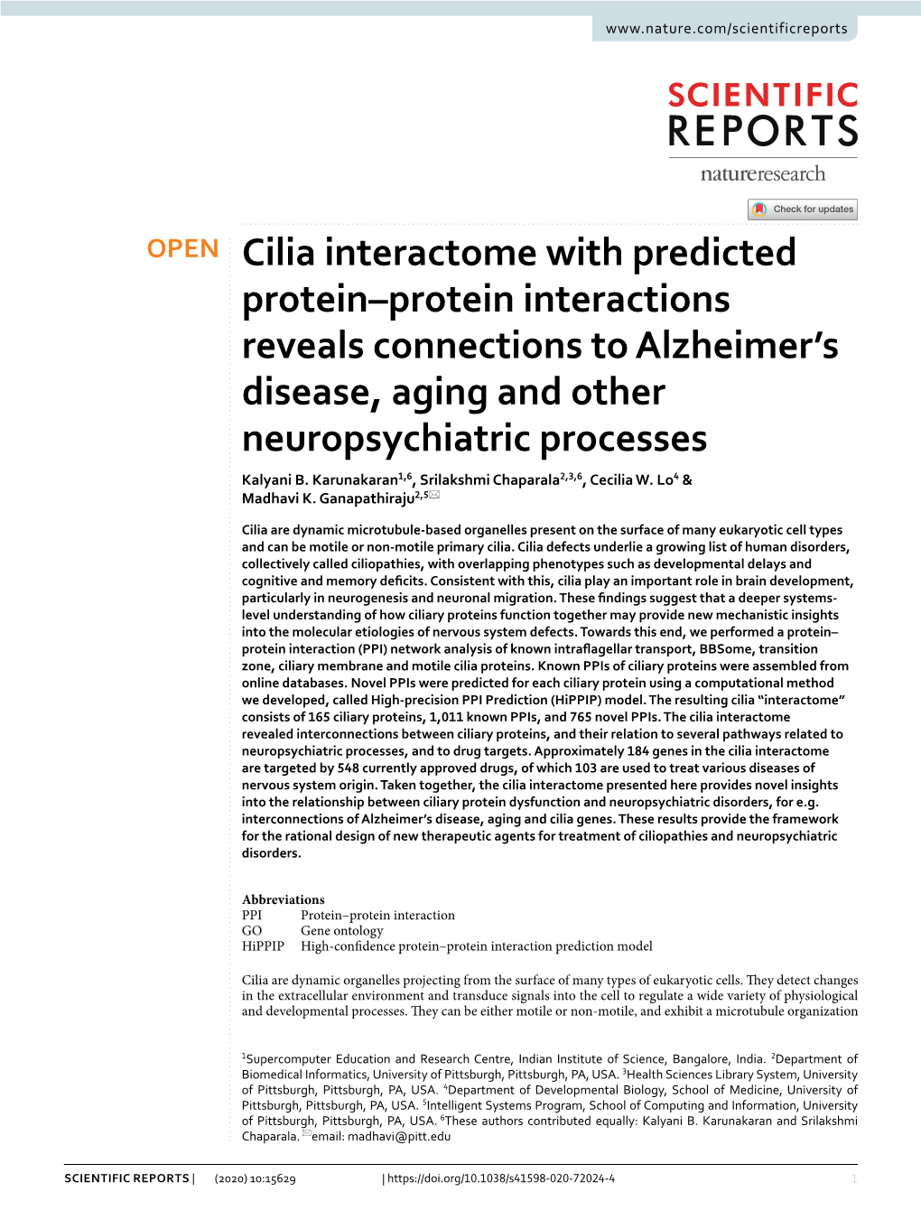 Cilia Interactome with Predicted Protein–Protein Interactions Reveals Connections to Alzheimer’S Disease, Aging and Other Neuropsychiatric Processes Kalyani B