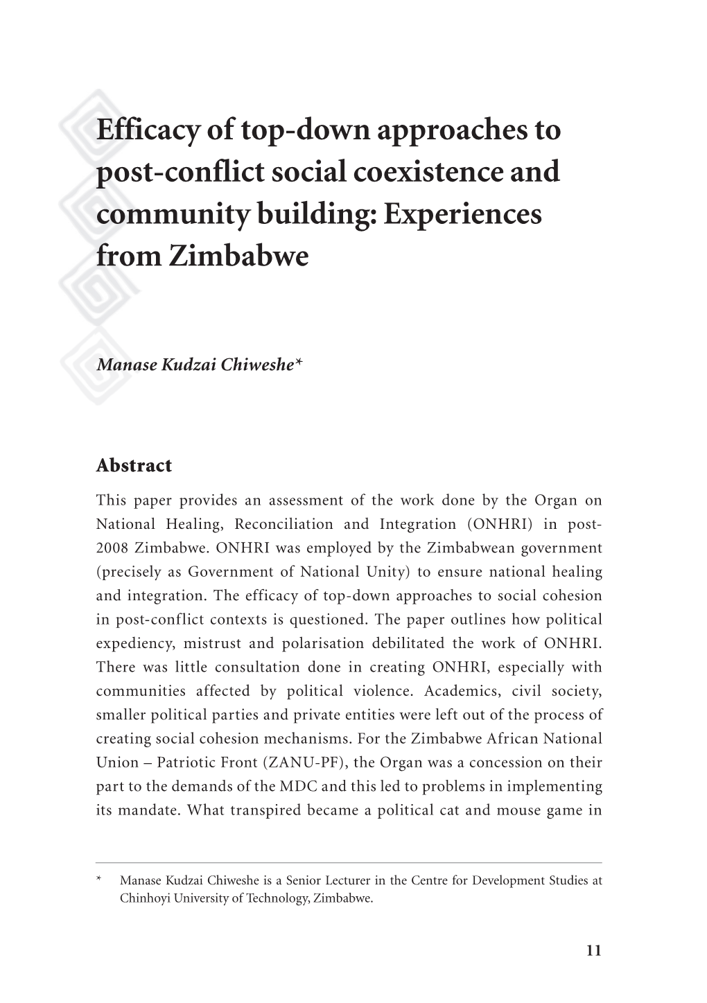 Efficacy of Top-Down Approaches to Post-Conflict Social Coexistence and Community Building: Experiences from Zimbabwe