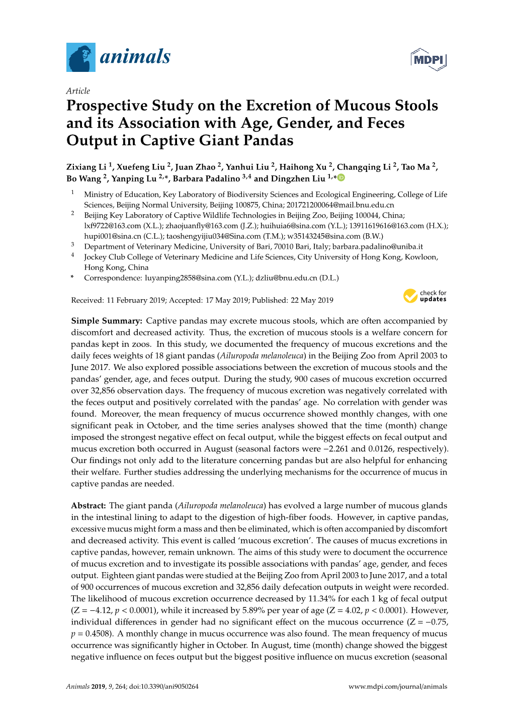 Prospective Study on the Excretion of Mucous Stools and Its Association with Age, Gender, and Feces Output in Captive Giant Pandas