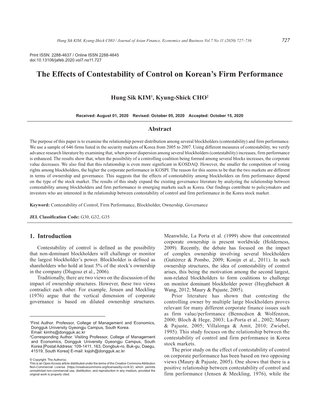 The Effects of Contestability of Control on Korean's Firm Performance