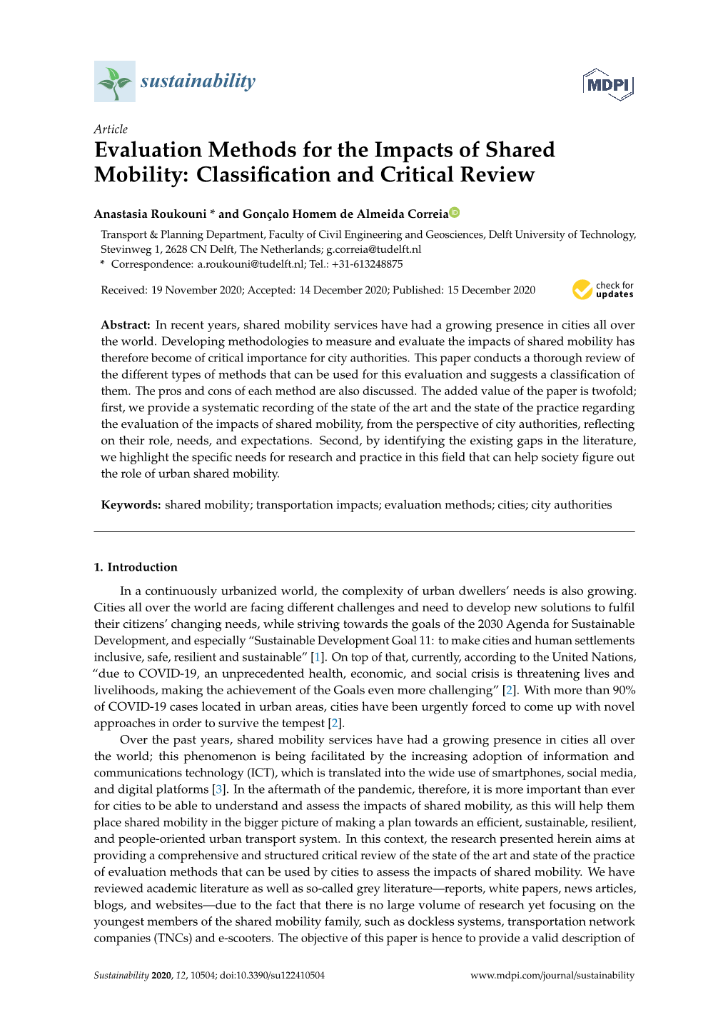 Evaluation Methods for the Impacts of Shared Mobility: Classiﬁcation and Critical Review