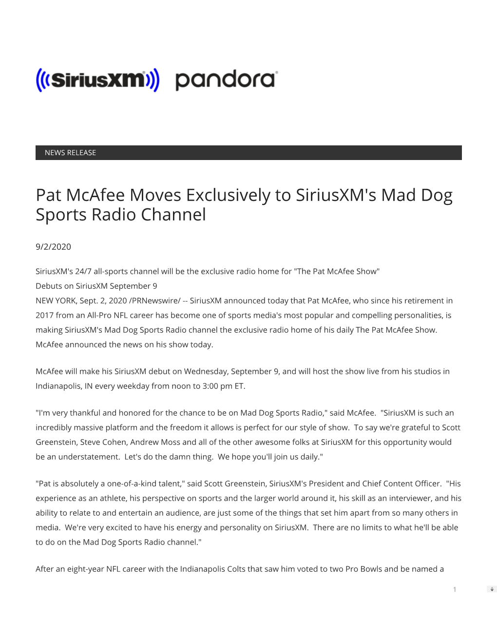 Pat Mcafee Moves Exclusively to Siriusxm's Mad Dog Sports Radio Channel